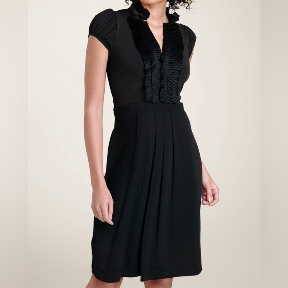 BCBGMAXAZRIA Tuxedo Trim Matte Jersey Midi Dress Black V-Neck Stretchy Classy L
